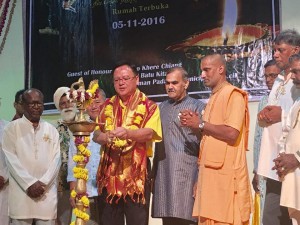 Lo with Temple President and Spiritual Counsellor, Reverend Prabhu (in robe) at the celebration