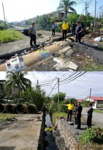 SUPP PCB Chief Wilfred Yap with the Enforcement Officers from MPP at the site of the construction of the illegal access before and after removal of the culverts at Taman Hong Hong